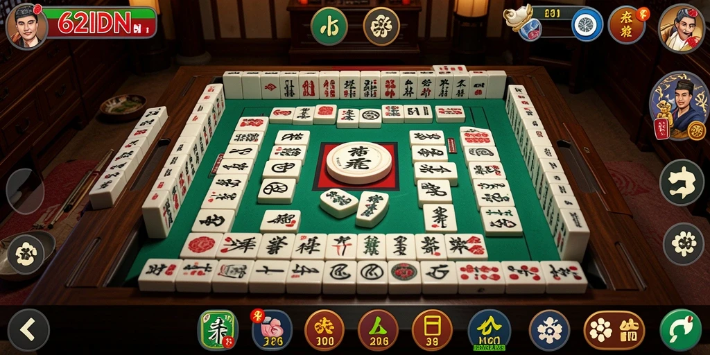 Tangkapan layar 62IDN menampilkan pemain yang sedang menyusun ubin Mahjong.