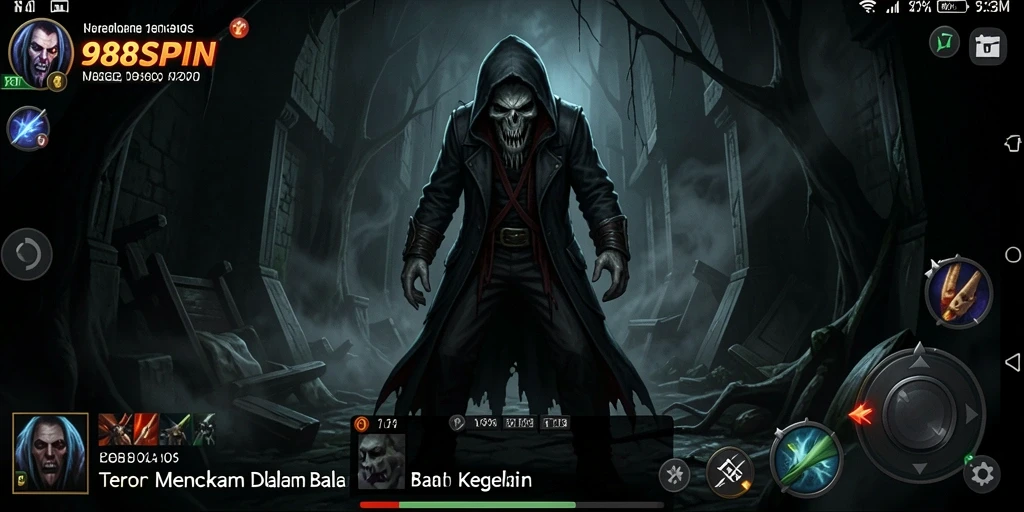 Tangkapan layar gameplay 988SPIN menampilkan suasana horror yang mencekam.