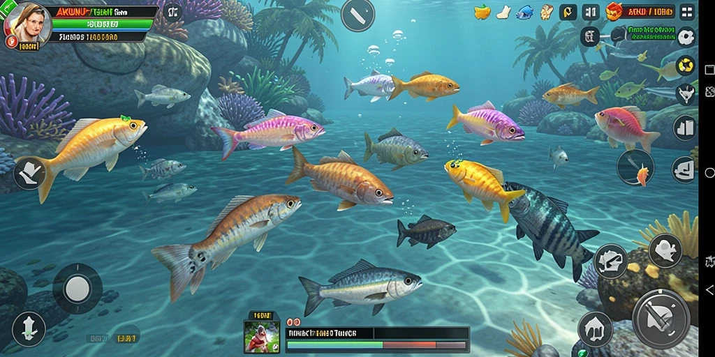 Tampilan gameplay seru di AKUNJP dengan ikan berwarna-warni.