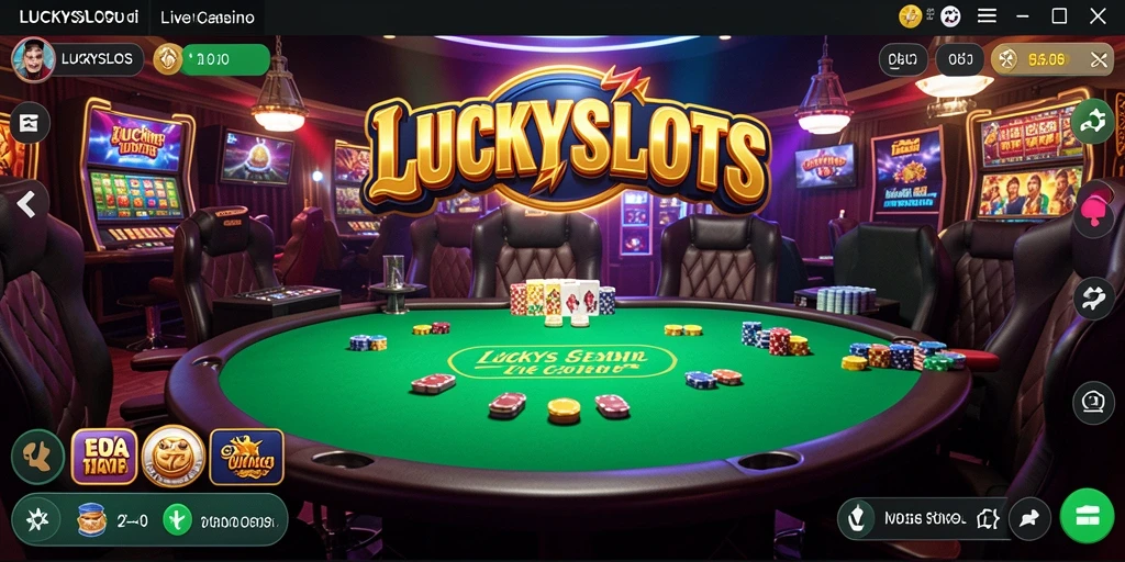 Screenshot gameplay LUCKYSLOTS yang menampilkan dealer live dan suasana kasino.