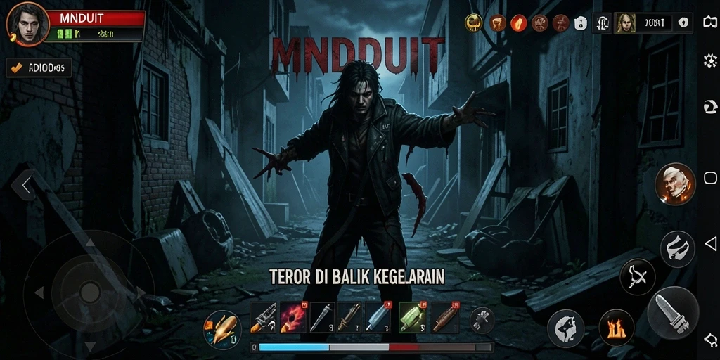 Screenshot gameplay MNDUIT menampilkan suasana horor yang menegangkan.