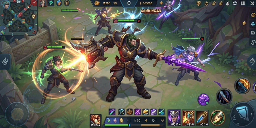 Tampilan aksi seru dalam <strong>MODE303</strong>, fokus pada gameplay MOBA.