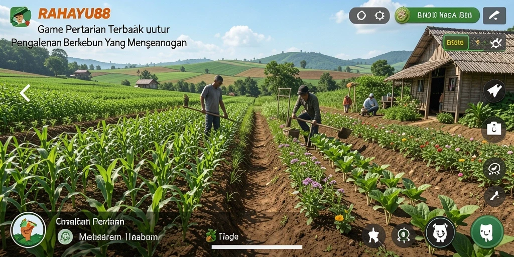 Tangkapan layar utama gameplay RAHAYU88 menampilkan kebun yang subur dan aktivitas berkebun.