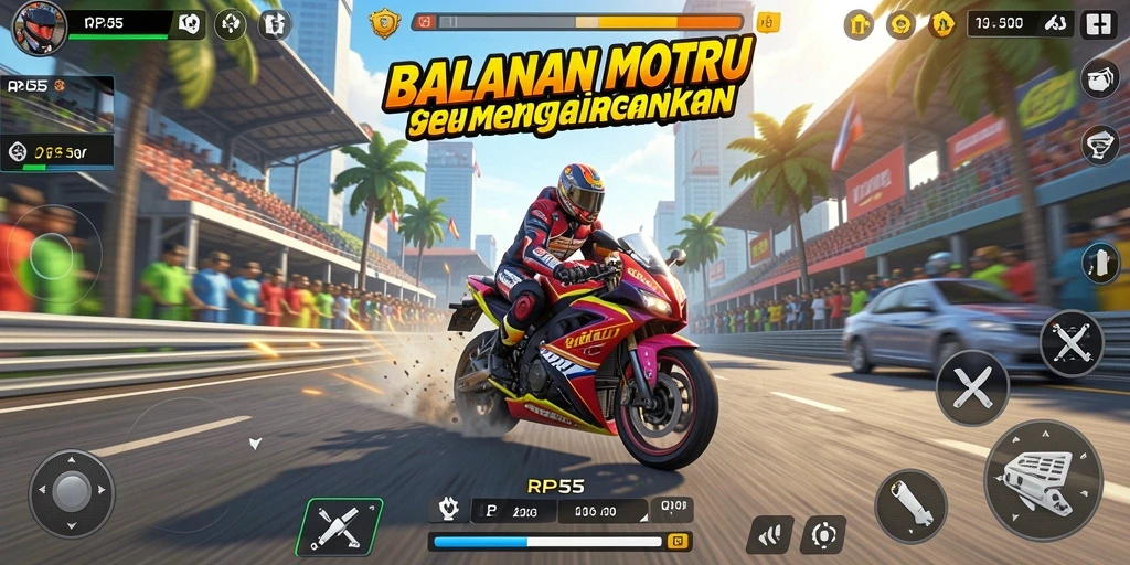 Gameplay menarik RP55 dengan balapan motor yang cepat.