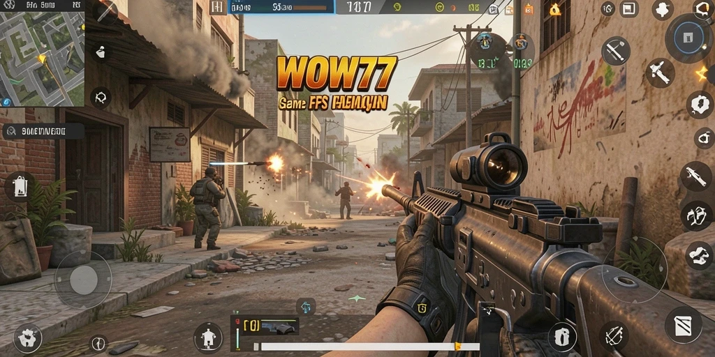 Screenshot gameplay WOW77 menampilkan aksi tembak menembak yang intens.